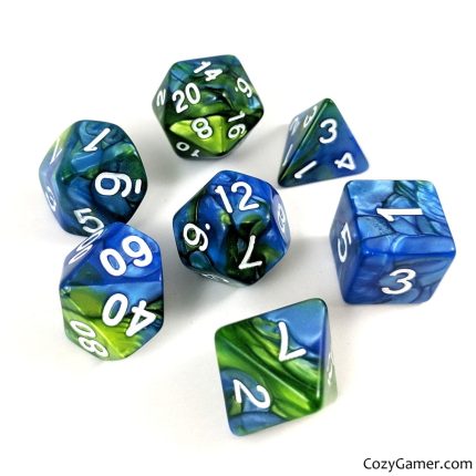 Blue Planet DnD Dice Set Blue and Green Pearly Marble Dice