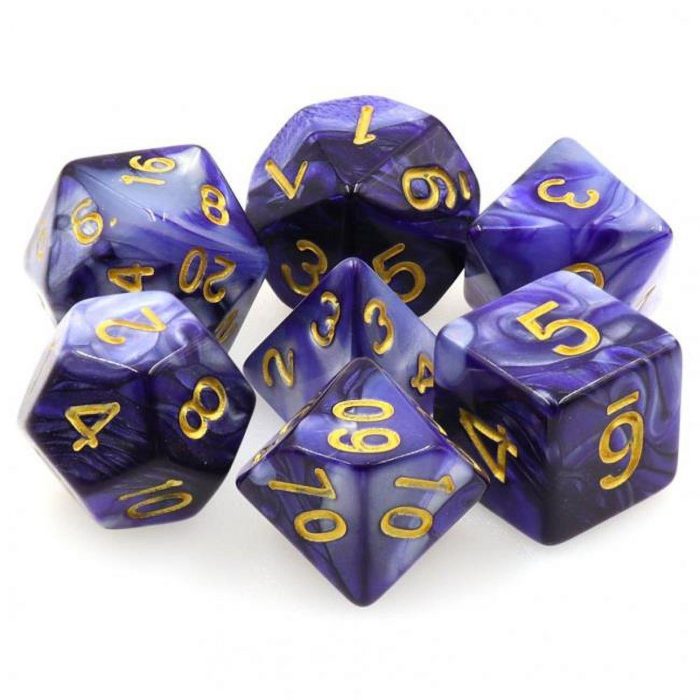 Purple & White Fusion Dice with Gold Numbers - 7 Piece - Image 1