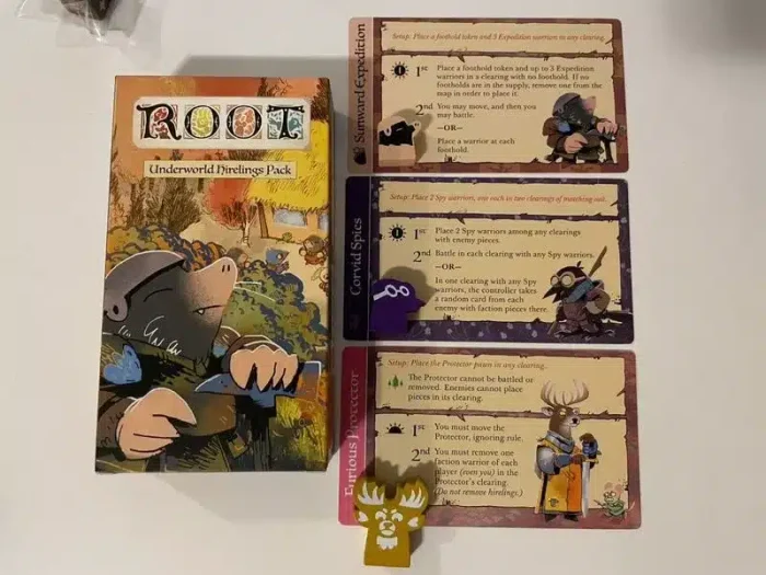 Root Underworld Hirelings Pack meeples and cards